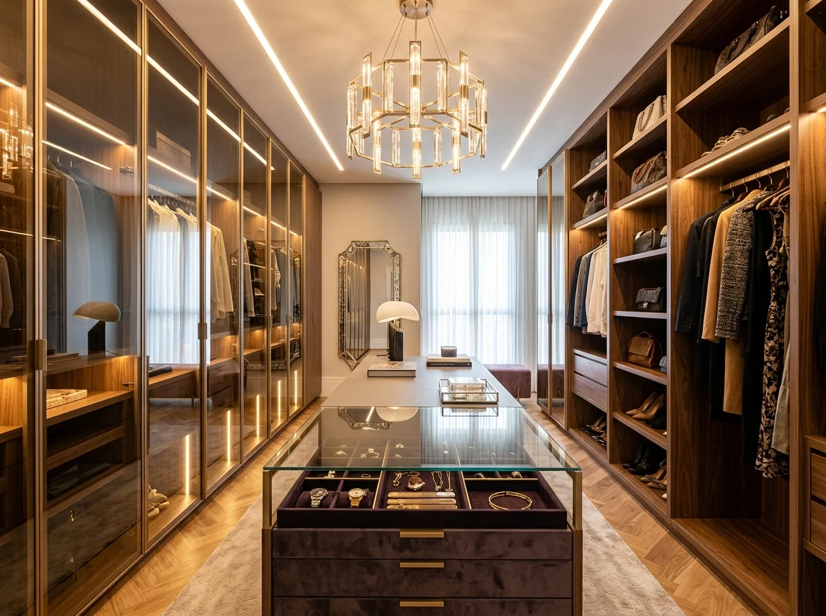 Closet Walk-In com Vidros Reflecta Bronze & Ilha Central
